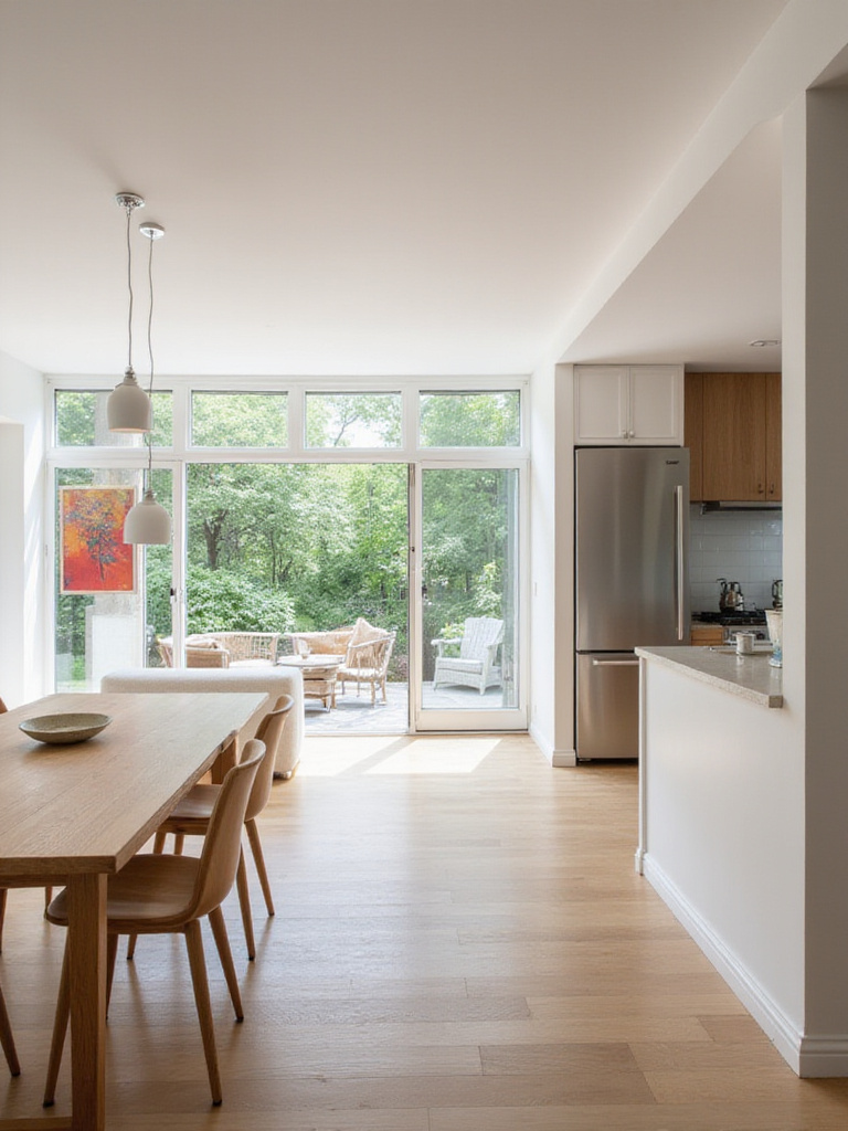 Modern open-concept dining room and kitchen with light wood furniture and natural light.