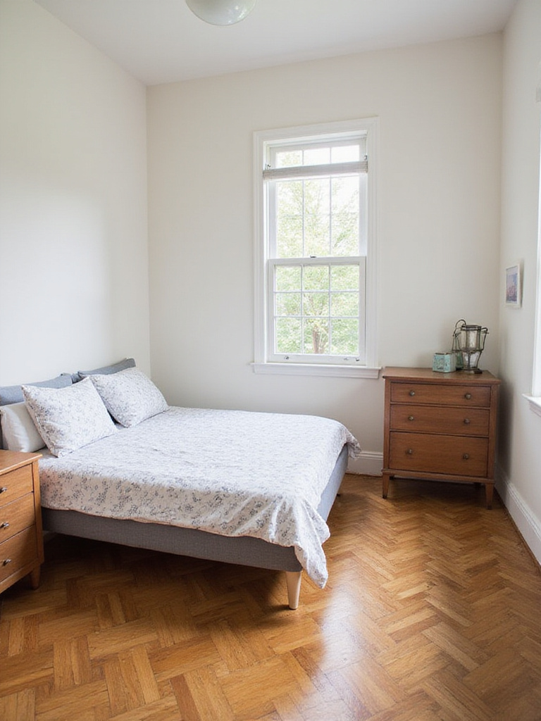 Furniture with legs opted for in a small bedroom, such as a bed and dresser, allowing visible floor space underneath to create openness.