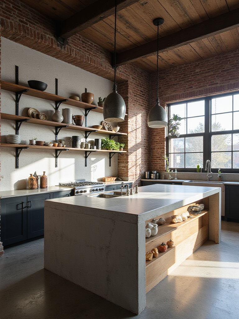 Industrial chic kitchen featuring a large island with a smooth concrete countertop, exposed brick, and black metal shelving.