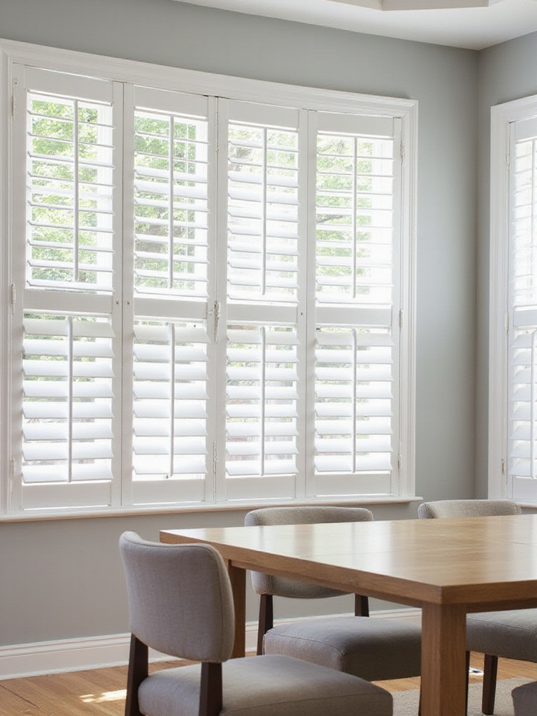 Modern dining room with white plantation shutters allowing natural light