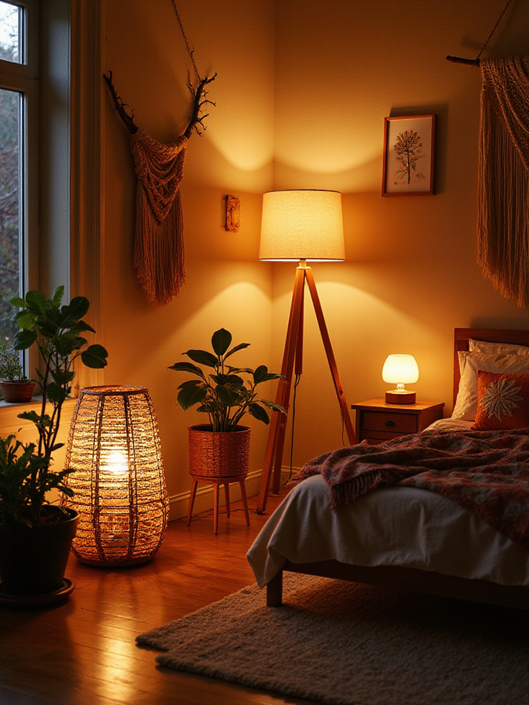 Boho bedroom with soft, warm floor lamps creating a cozy atmosphere.