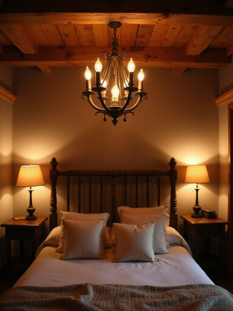 Cozy rustic bedroom featuring warm ambient lighting fixtures.