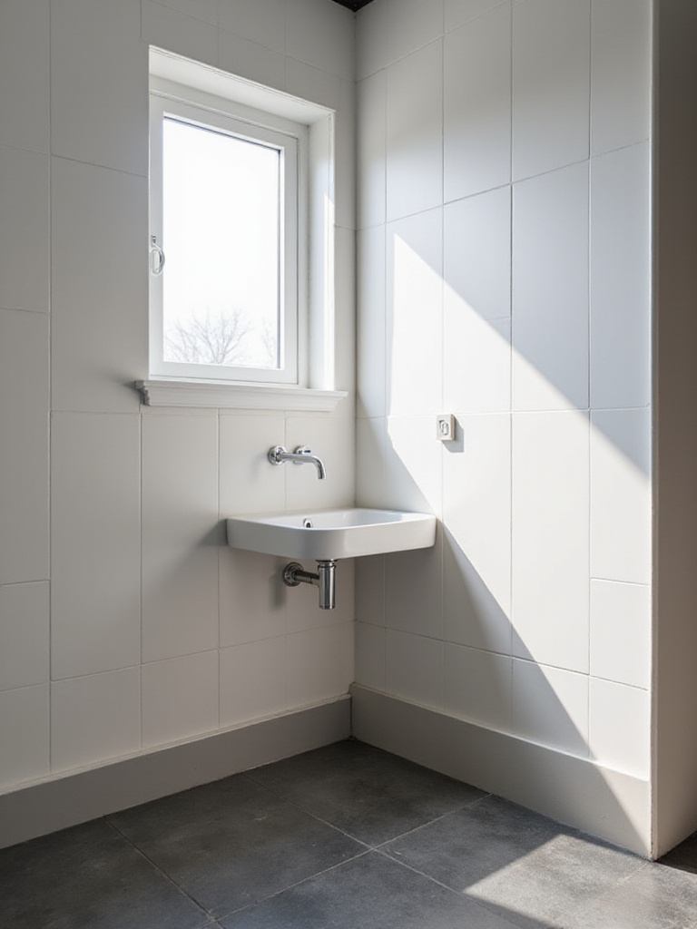 Small modern bathroom featuring a wall-mounted corner sink, demonstrating efficient use of limited space.
