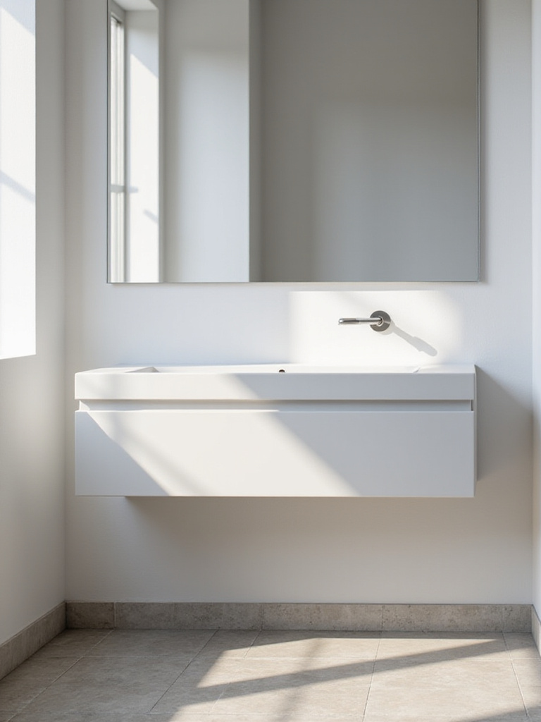 A modern small bathroom with a white floating vanity mounted on the wall, showing the open tile floor underneath. A large mirror hangs above the vanity, reflecting light and space.