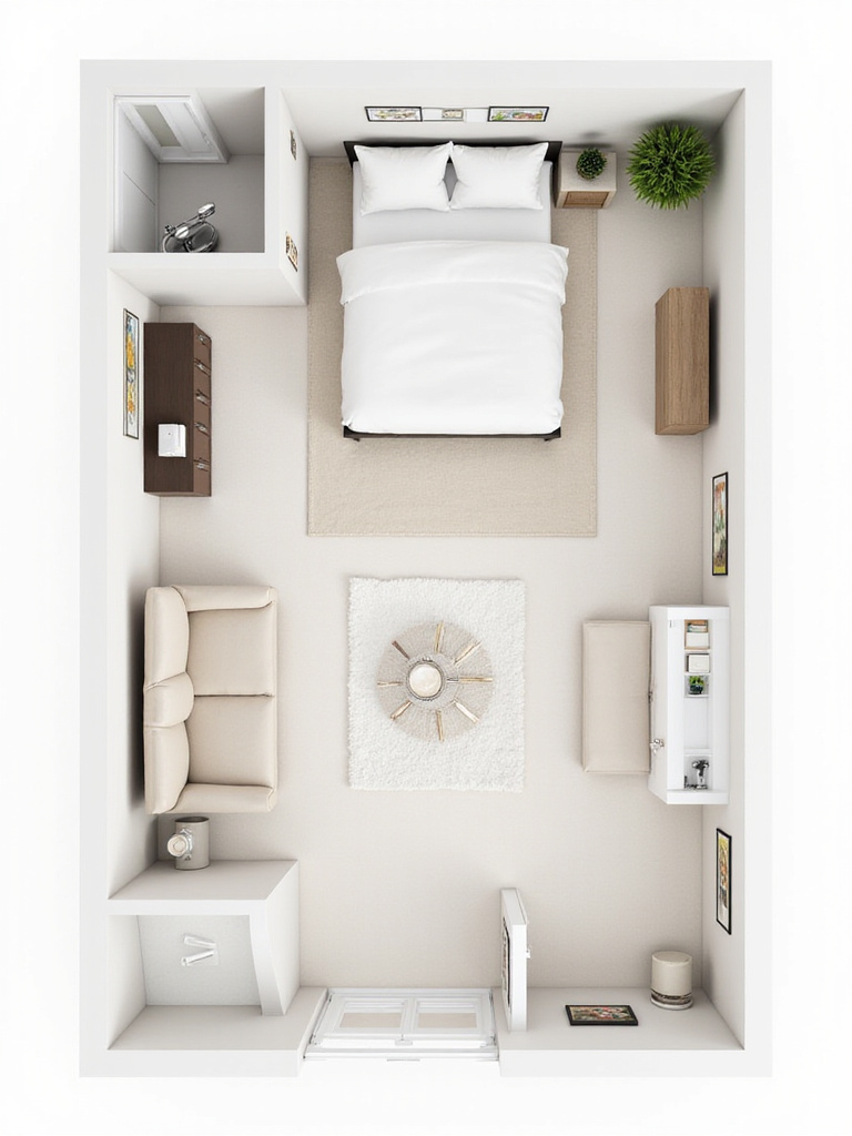 A schematic of a small bedroom furniture layout optimized for clear walkways, showing unobstructed paths from door to window and bed to closet.