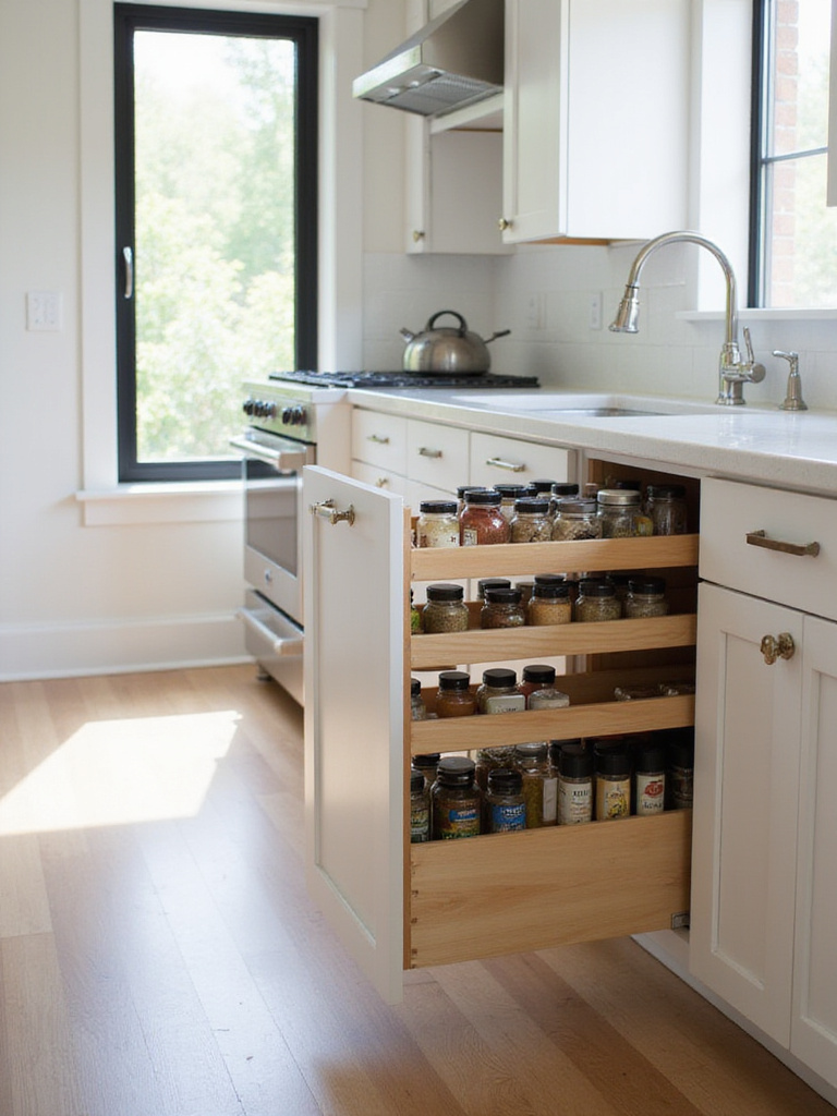 Pull-out spice rack extended from a modern kitchen base cabinet, showcasing organized spice jars.