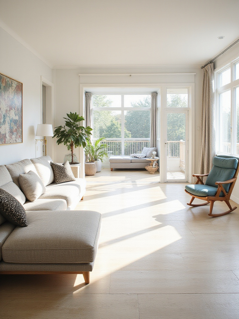 Optimized modern living room layout with clear pathways and distinct seating and reading zones.