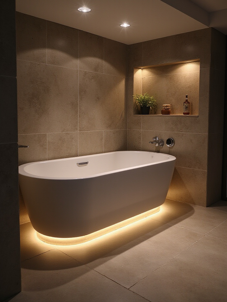 Modern bathroom with a bathtub featuring optimized, layered lighting including recessed ceiling lights and warm LED strip lighting under the tub, creating a relaxing ambiance.