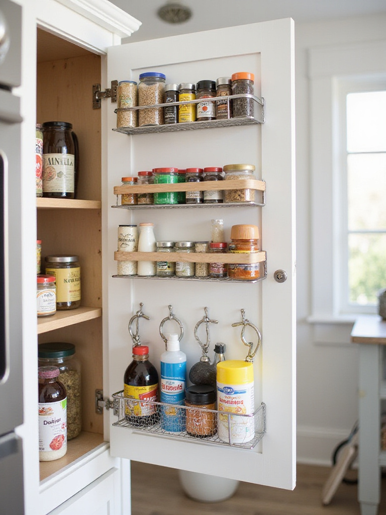 Organized kitchen cabinet door with hanging organizers for small items.