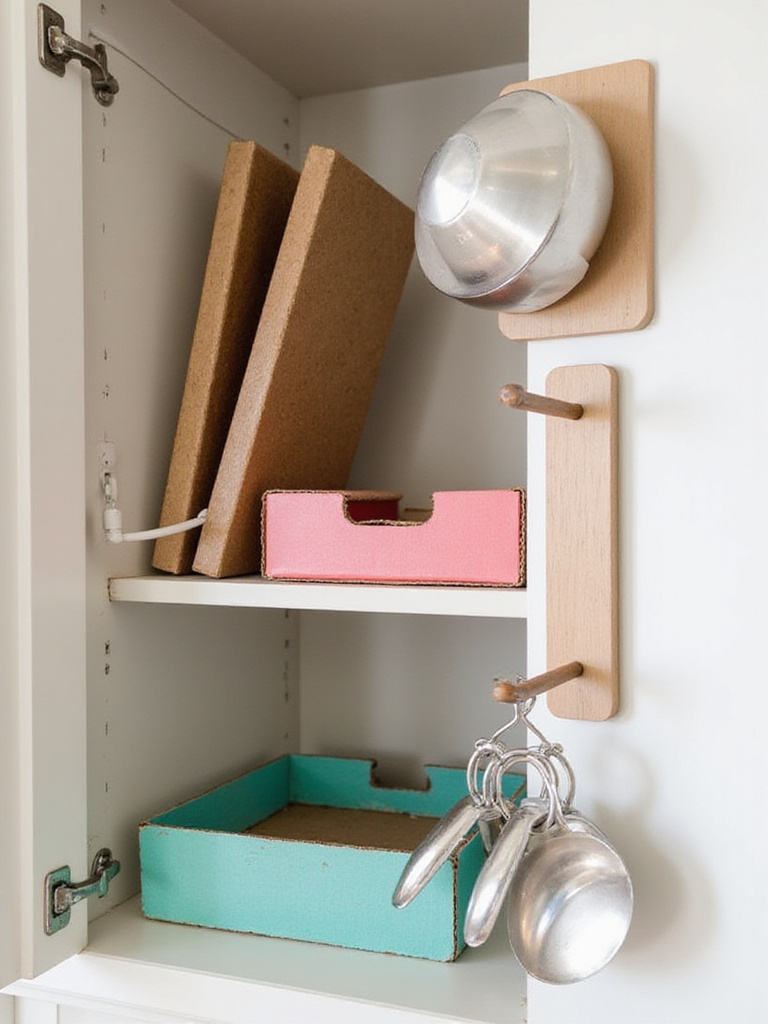 Organized kitchen cabinet with DIY hacks including tension rods and repurposed boxes