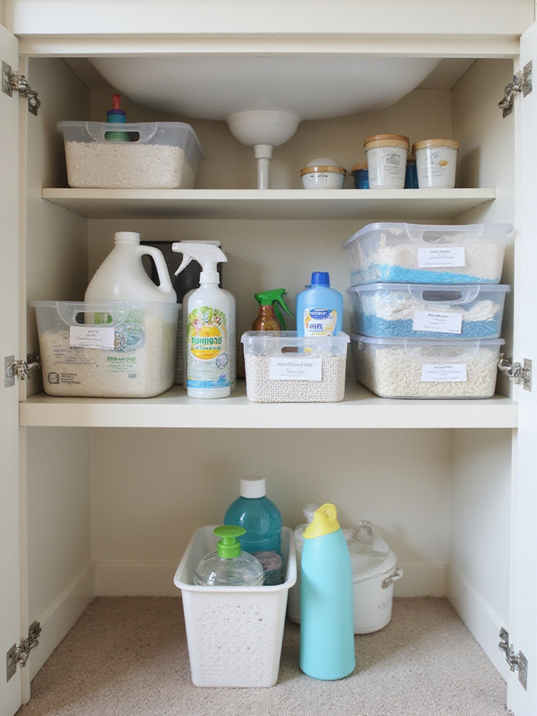Organized under-sink cabinet with smart organizers for cleaning supplies.