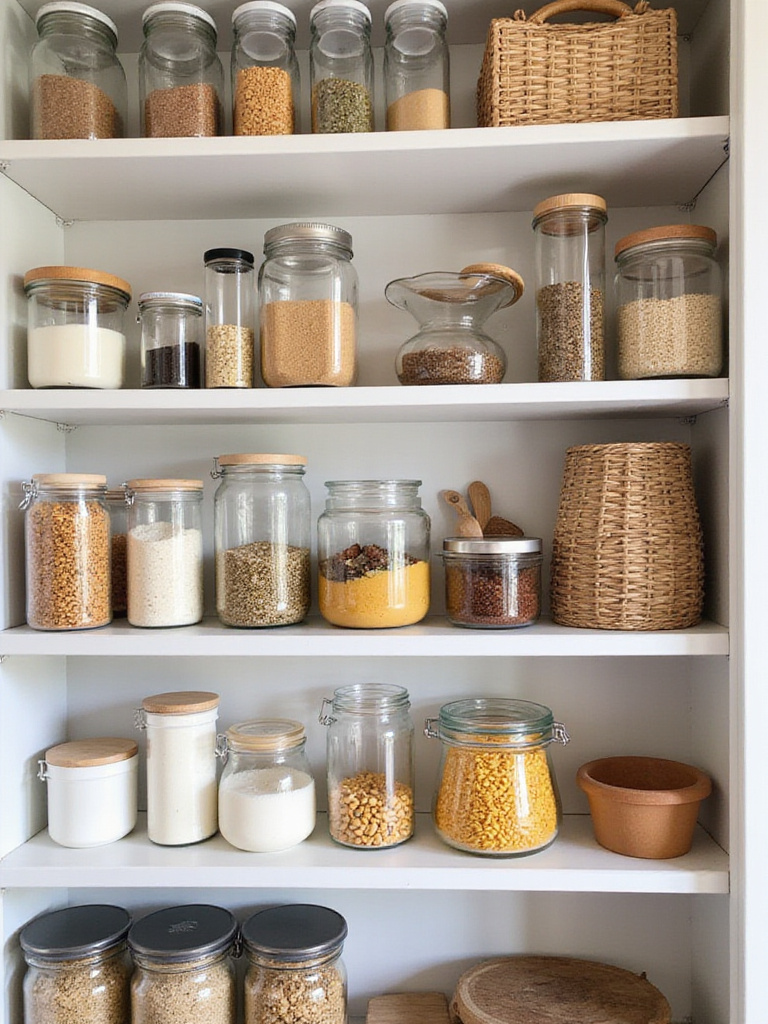 Organized kitchen pantry with stylish glass, ceramic, and woven storage containers.