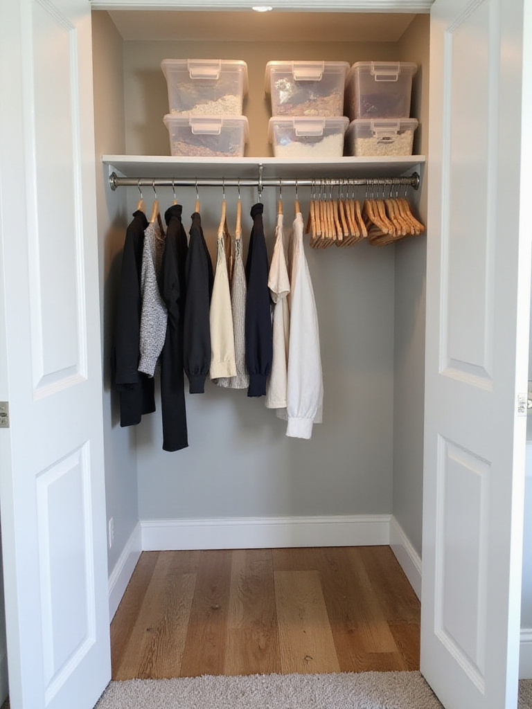 A small bedroom closet organized for maximum capacity with double rods, shelf dividers, and matching hangers, creating a tidy and functional space.