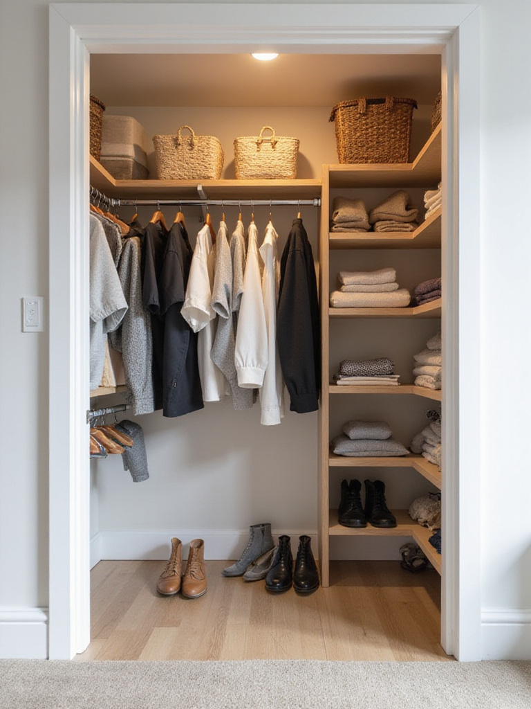 View into a well-organized apartment reach-in closet with matching hangers, neat shelves, and decorative storage bins, illustrating smart bedroom storage ideas.