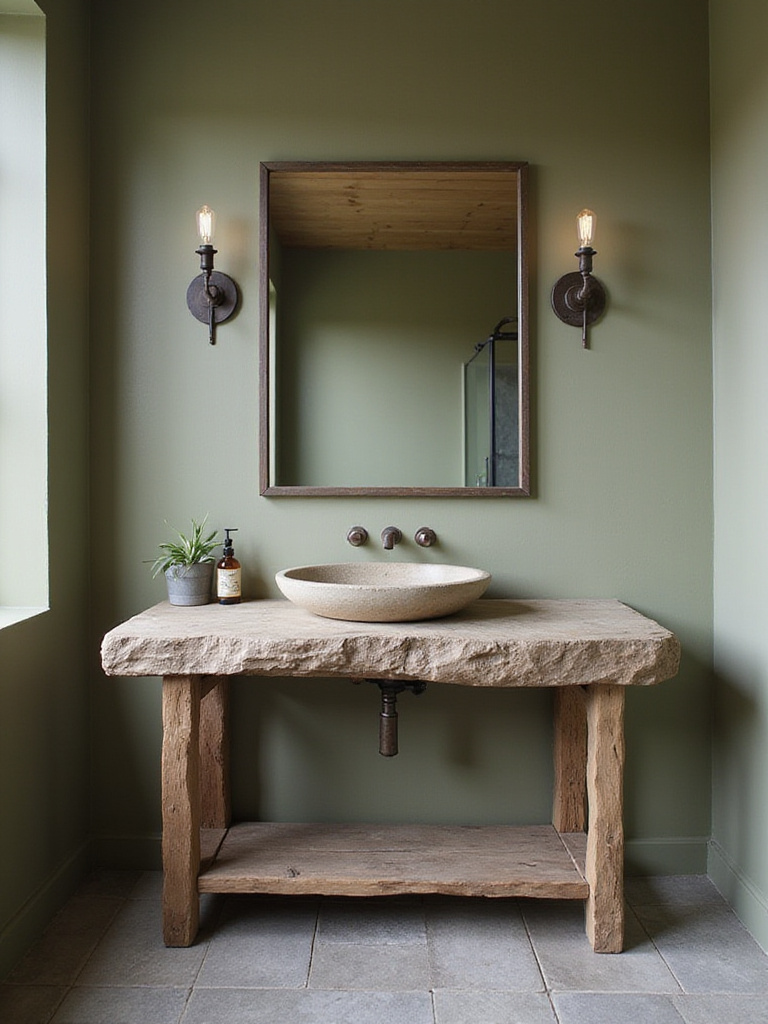 Rustic bathroom featuring walls painted in a warm, earthy sage green, a reclaimed wood vanity, stone sink, and slate-like floor tiles, creating a natural and calming retreat.