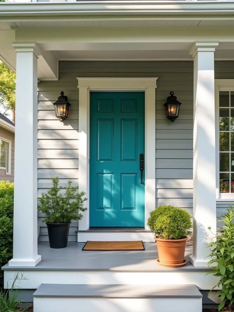 Front porch of a gray suburban house with a bold teal blue painted front door, potted plants, and a welcome mat.