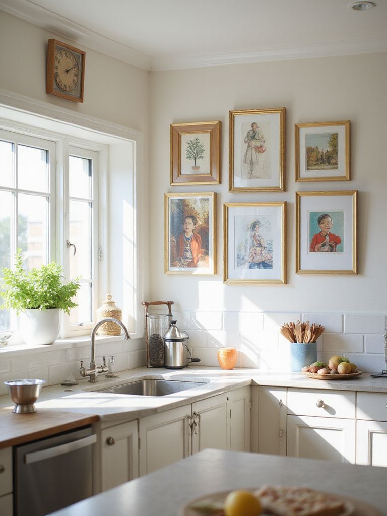 Stylish kitchen interior featuring framed artwork displayed on a wall above a counter, adding personality and color to the space.