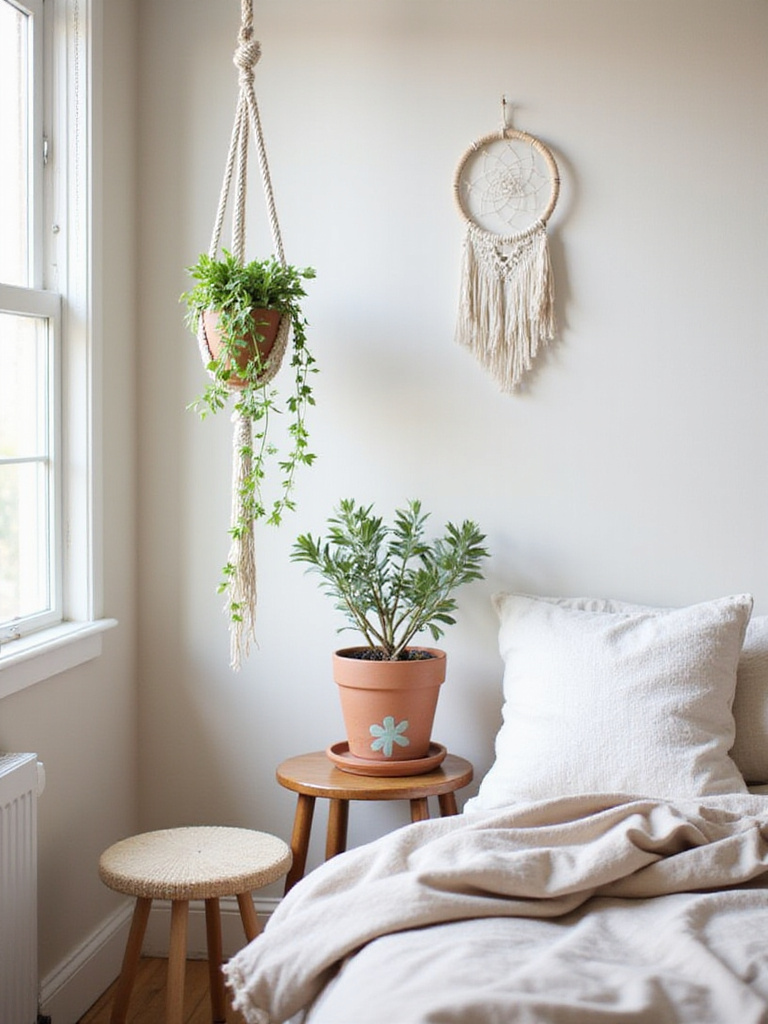 Boho bedroom corner with DIY macrame plant hanger, painted terracotta pot, and dream catcher.
