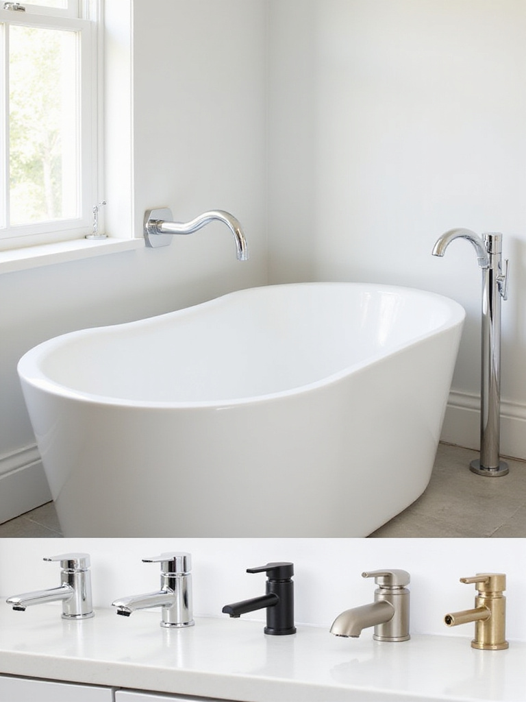 Selection of modern bathtub faucets and fixtures including wall-mounted, freestanding, and various finishes like chrome, brushed nickel, and matte black, displayed in a clean bathroom setting for a remodel.