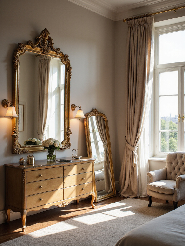 Elegant luxury bedroom featuring large mirrors that reflect light and create a sense of expanded space, showcasing ornate and full-length styles.