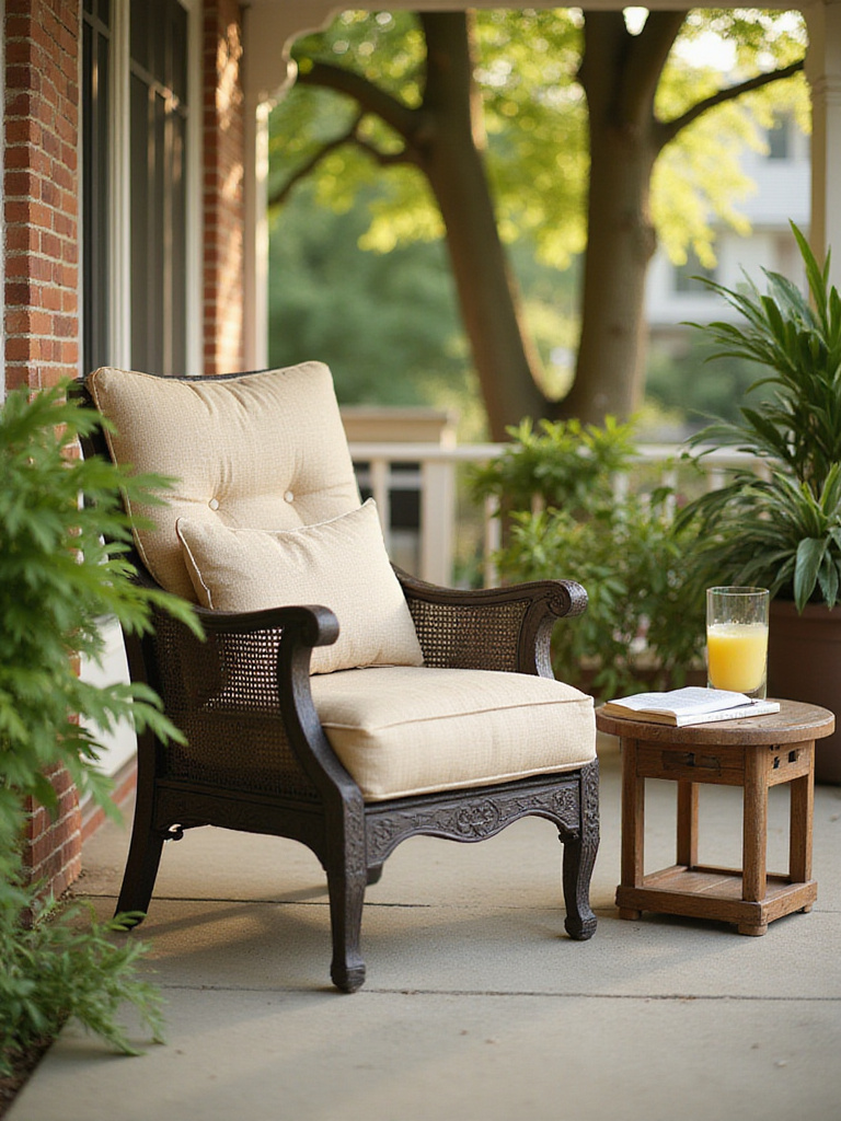A small side table next to a chair on a charming front porch, holding a glass and a book, demonstrating convenience and curb appeal.