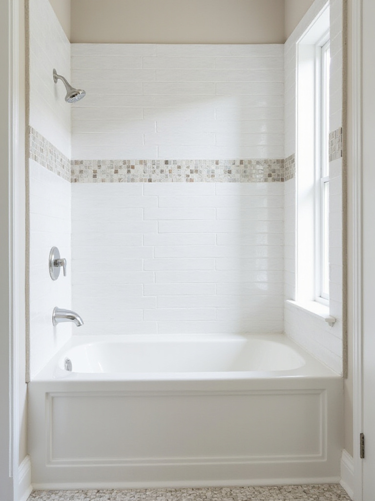 Beautifully tiled or paneled wall surrounds around a bathtub in a modern bathroom remodel.