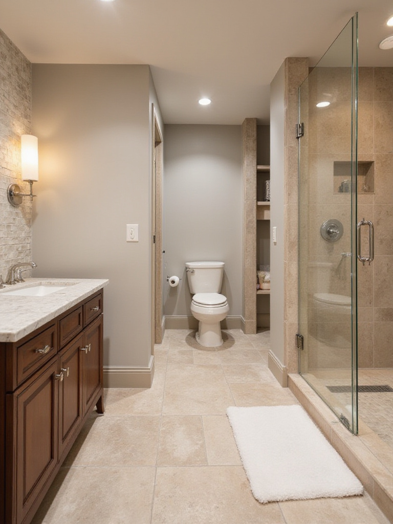 A spacious, modern master bathroom featuring a curbless shower, comfort-height toilet, and stylish lever faucets, illustrating elegant design for future accessibility.