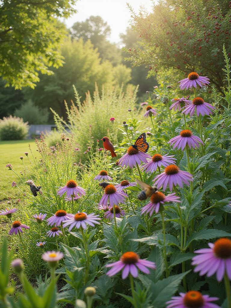 A lush garden filled with colorful native plants like coneflowers, milkweed, and cardinal flowers, bustling with wildlife including bees, a Monarch butterfly, and a hummingbird, bathed in warm afternoon sunlight.
