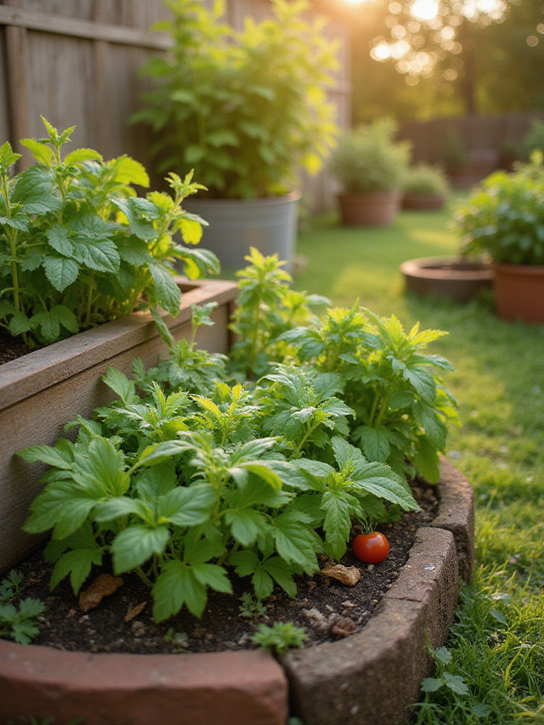 A small, budget-friendly backyard garden featuring raised beds and container plants filled with lush green herbs and vegetables like lettuce, basil, and cherry tomatoes.