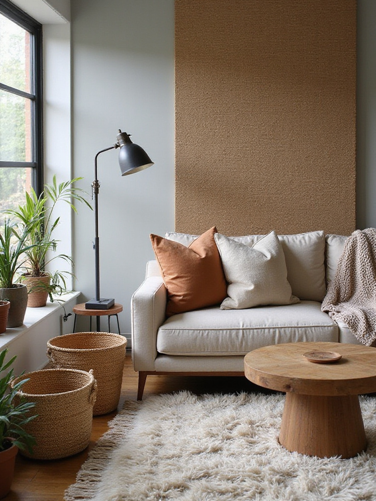 A stylish living room interior featuring a rich variety of textures, including layered textiles on a sofa, a textured area rug, wooden furniture, woven baskets, and a textured accent wall.