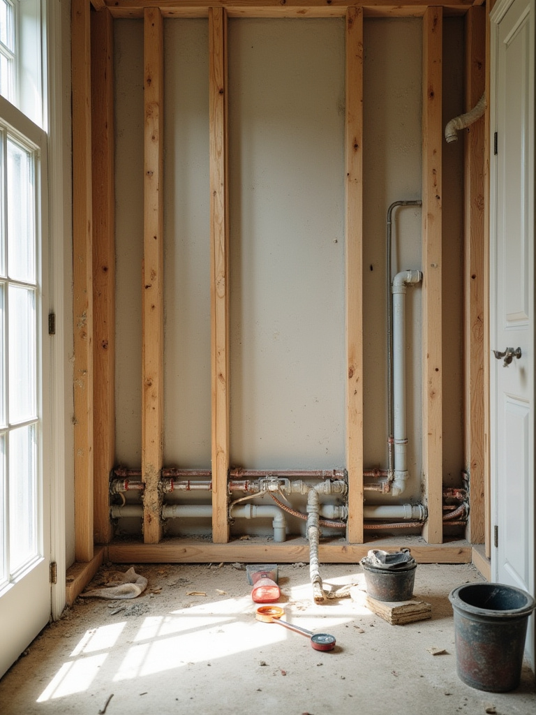 Exposed plumbing infrastructure during a bathroom remodel, showing a mix of old and new pipes behind open walls.