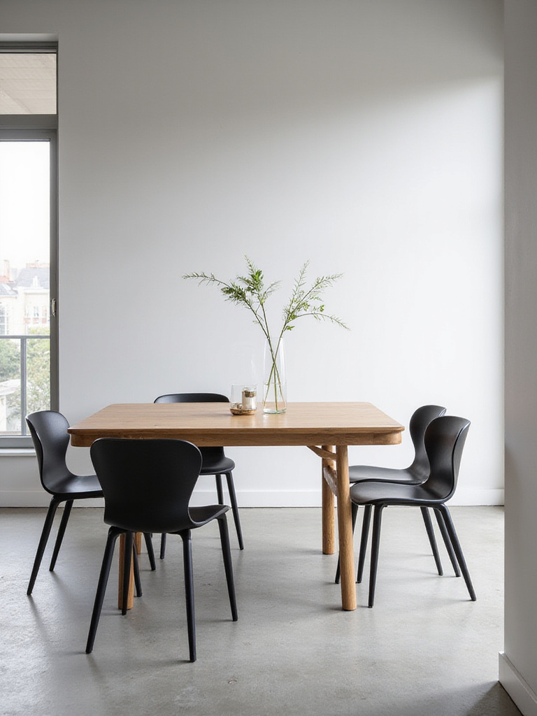 Modern minimalist dining room with negative space and simple decor.