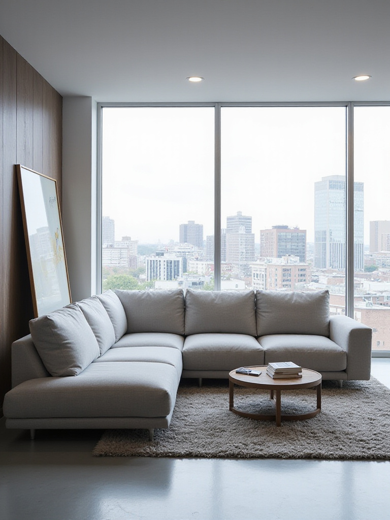 Modern living room with light gray reconfigurable modular sectional sofa.
