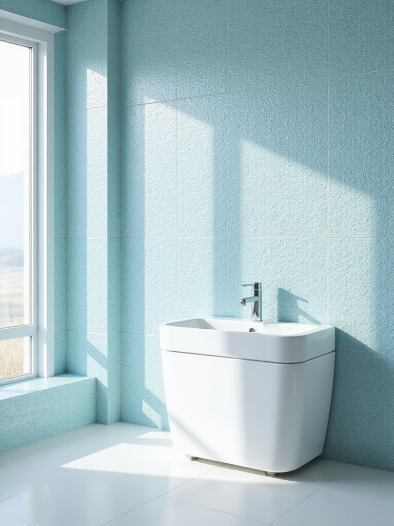 Bathroom wall with shimmering light blue glass mosaic tiles.