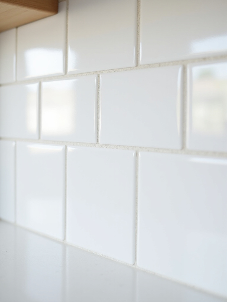 Clean kitchen backsplash with bright white grout lines and polished tiles