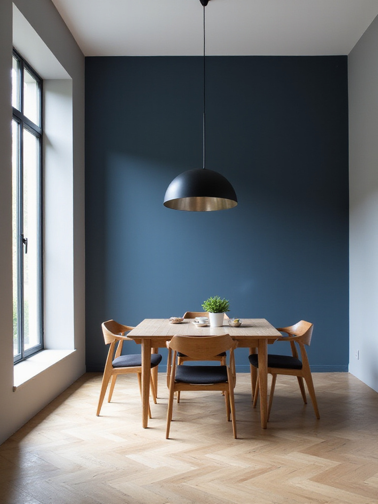 Modern dining room with navy blue accent wall