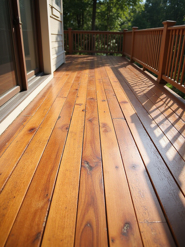 Refreshed wooden deck floor with warm-toned stain and subtle geometric pattern, highlighting the beauty of the wood grain.