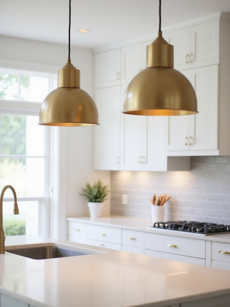 Modern kitchen with brushed gold pendant lights above island.