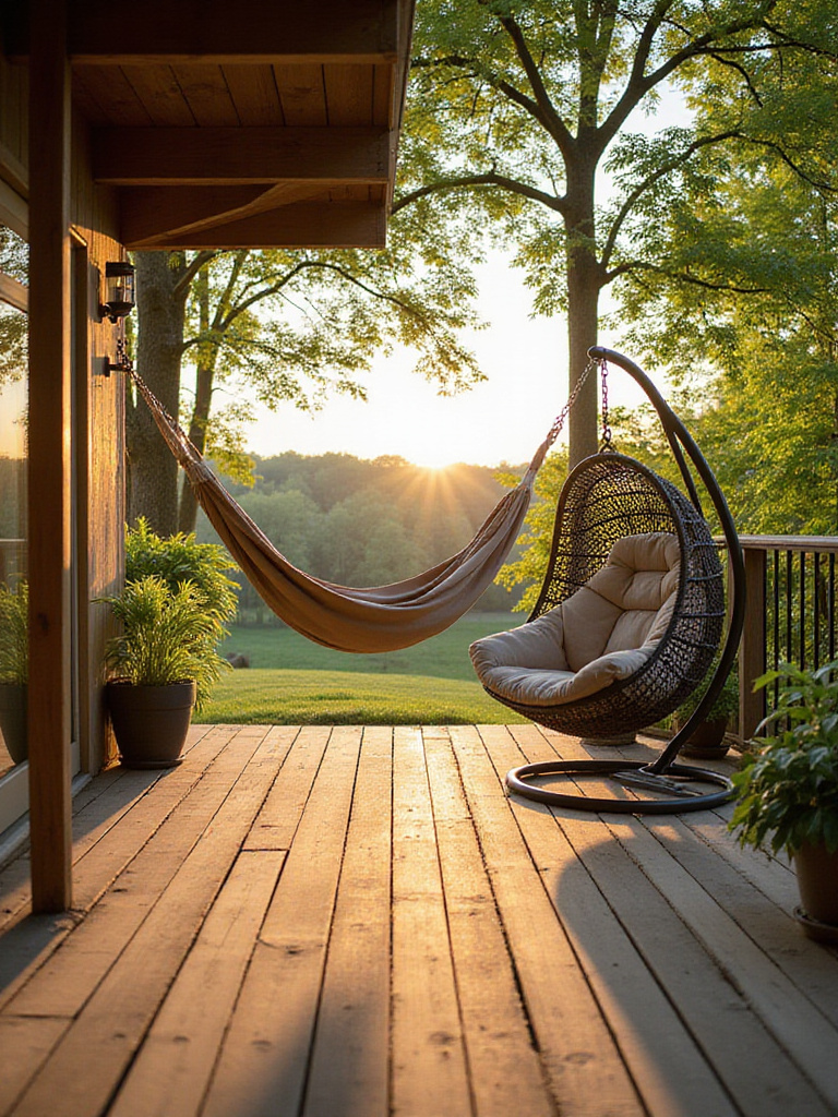 A spacious wooden deck featuring a fabric hammock strung between posts and a modern hanging egg chair with a stand, set amongst lush plants under warm golden hour light, perfect for outdoor relaxation.