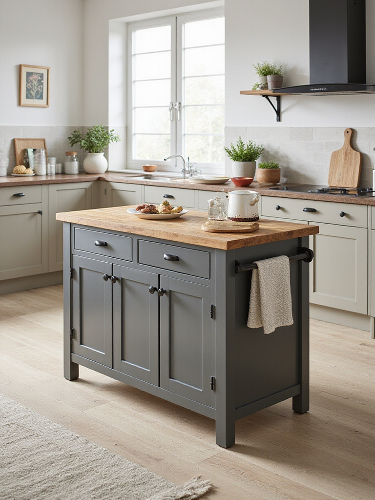 Modern kitchen featuring a freestanding kitchen island with butcher block top and storage, illuminated by natural light.