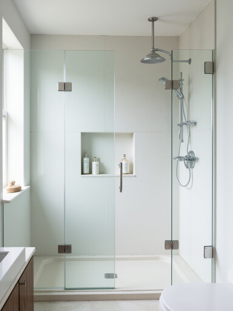 Small bathroom interior with a walk-in shower featuring clear glass panels and light tiles, replacing a bathtub to create a more open feel.