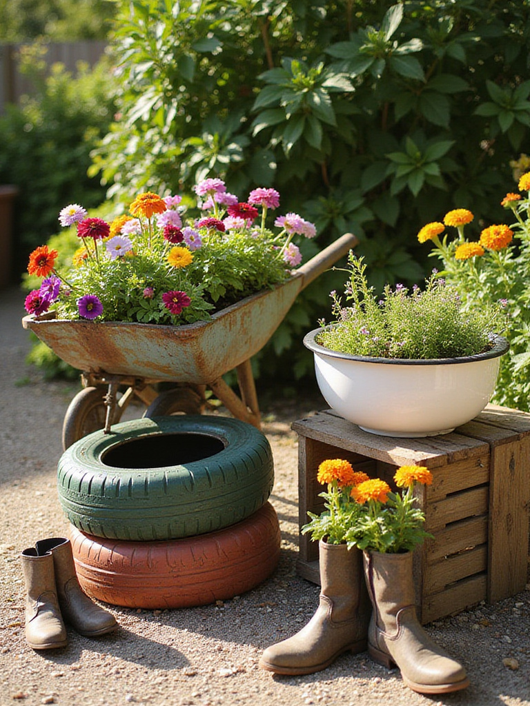 Backyard garden featuring creative planters made from repurposed old items like a wheelbarrow, tires, wash basin, and boots, filled with colorful flowers and herbs.