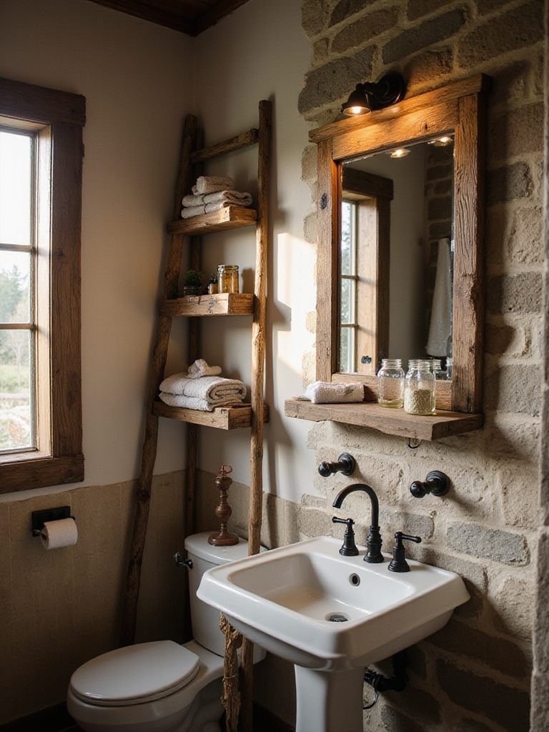 Rustic bathroom featuring unique decor made from repurposed items like a ladder towel rack, crate shelving, and a barn wood framed mirror, creating a charming and authentic space.