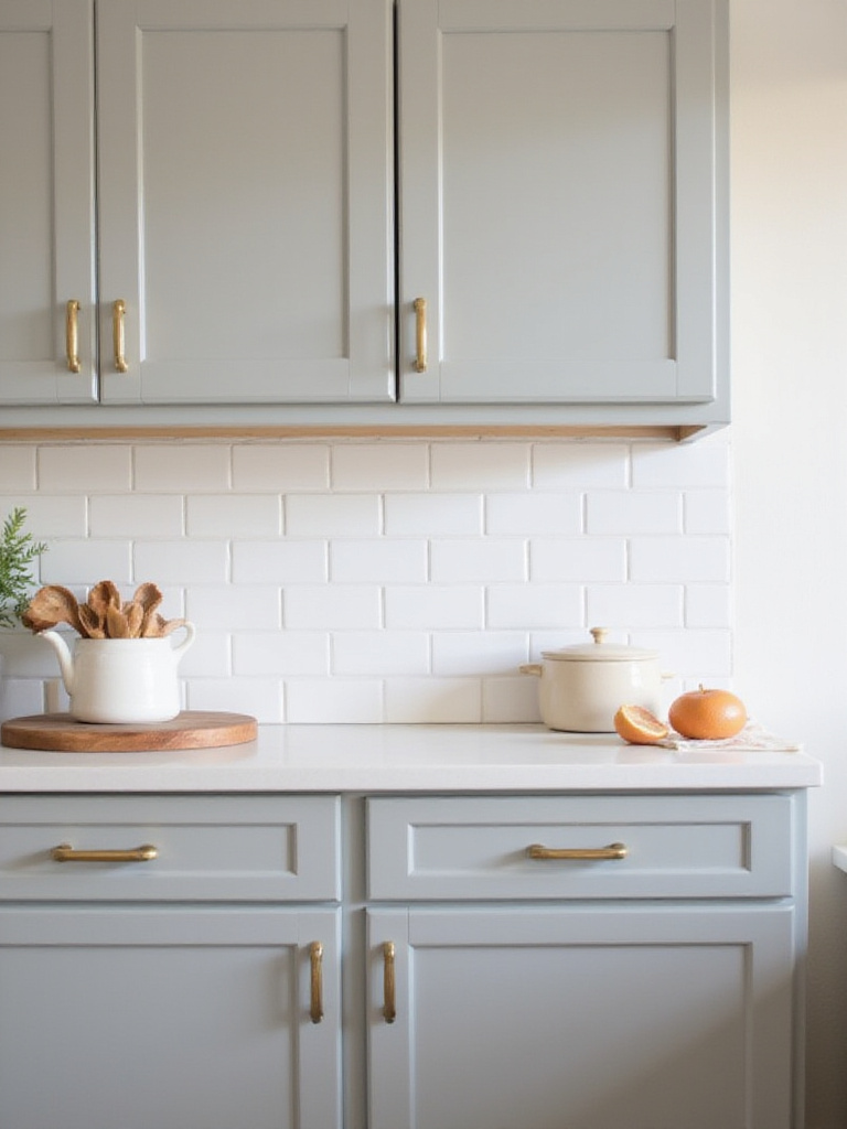 Light gray kitchen cabinets with brushed gold bar pulls