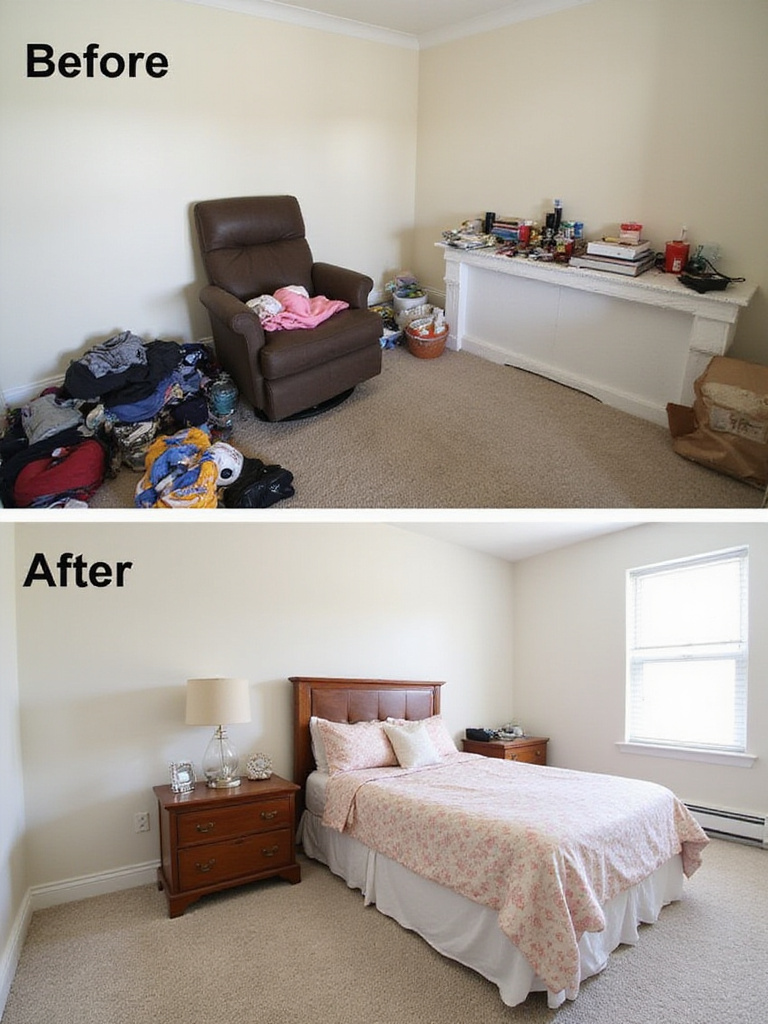 A before-and-after view of a small bedroom, showcasing how ruthlessly decluttering creates instant openness and a more spacious feel.