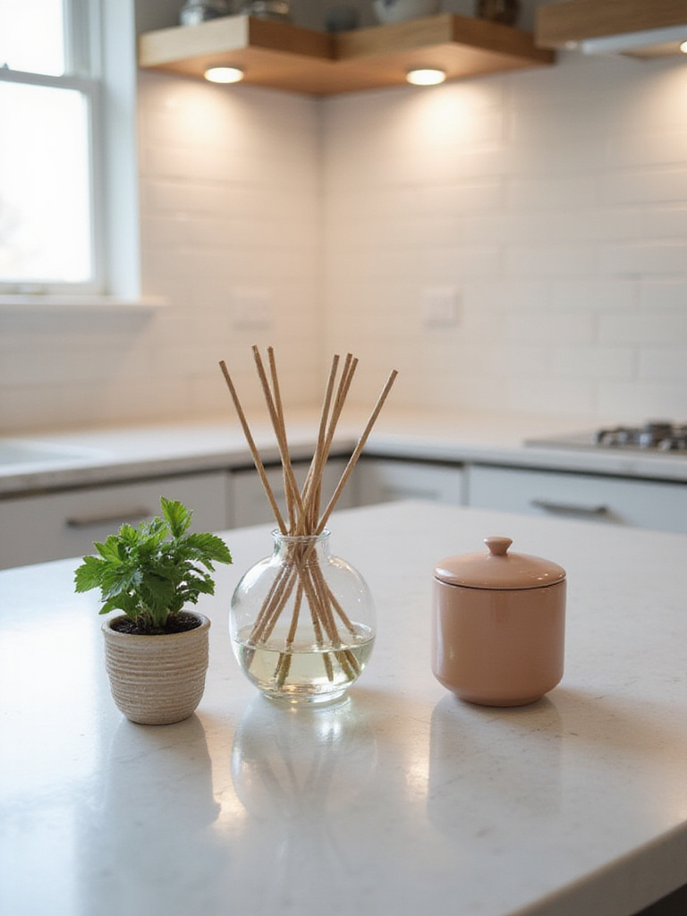 Stylish kitchen countertop decor featuring a reed diffuser, potted herb plant, and decorative candle, creating a fragrant and inviting ambiance.