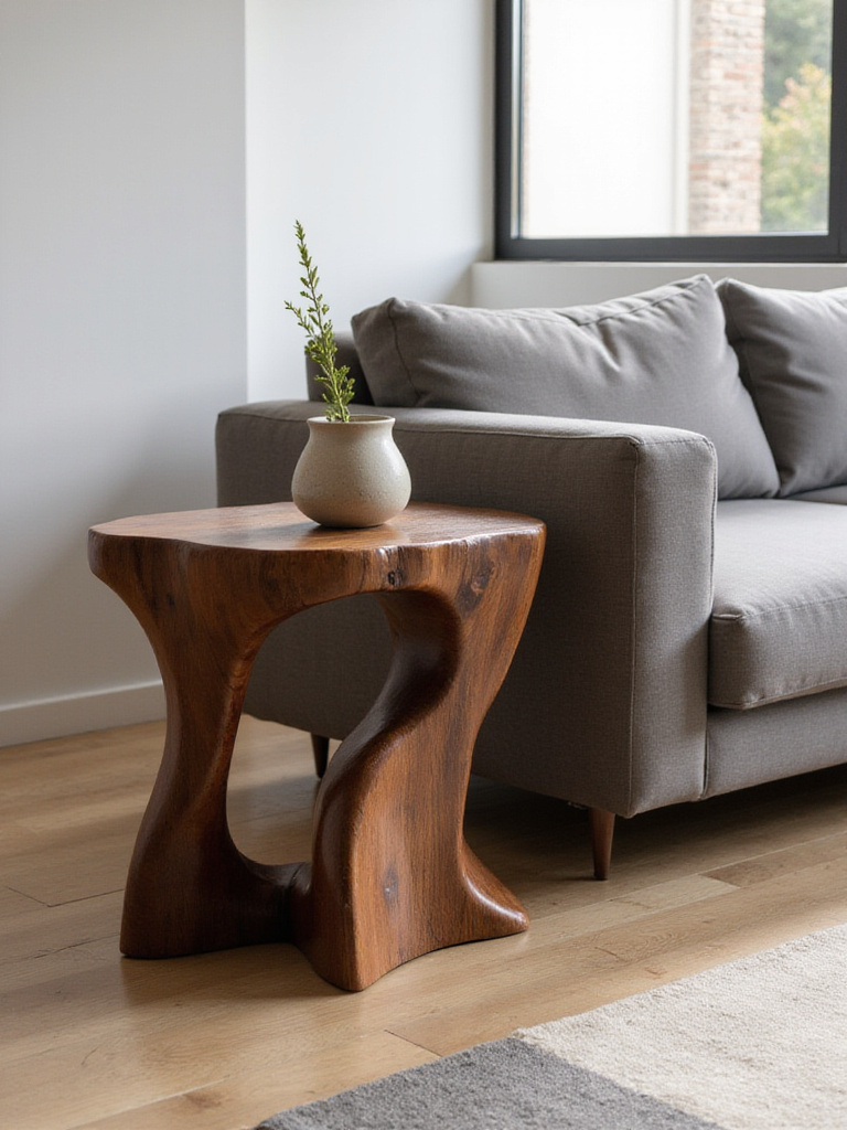 Modern living room with grey sectional sofa and sculptural wood side table.