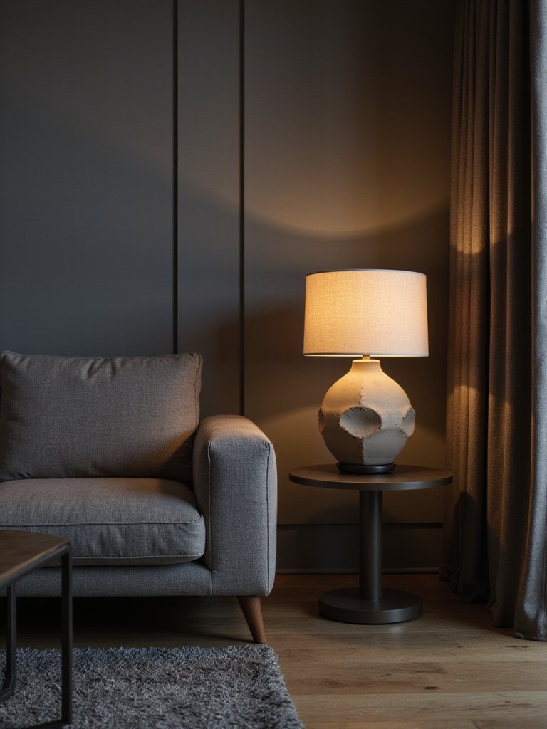 Modern living room with sculptural ceramic table lamp casting warm light