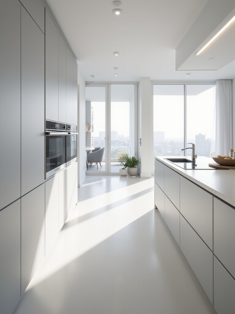 Modern kitchen featuring seamless integrated appliances hidden behind flat-panel cabinetry for a clean, minimalist look. Panel-ready refrigerator and dishwasher blend in perfectly.