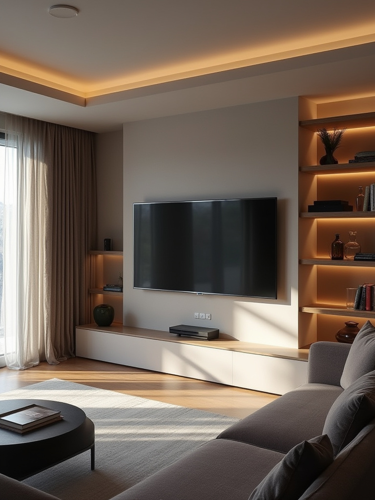 Modern living room showcasing seamless tech integration with flush TV, hidden cables, ambient smart lighting.